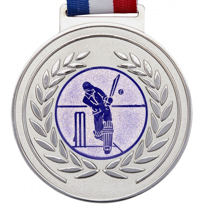 SILVER THICK OLYMPIC CRICKET MEDAL & RIBBON - 100MM X 6MM 